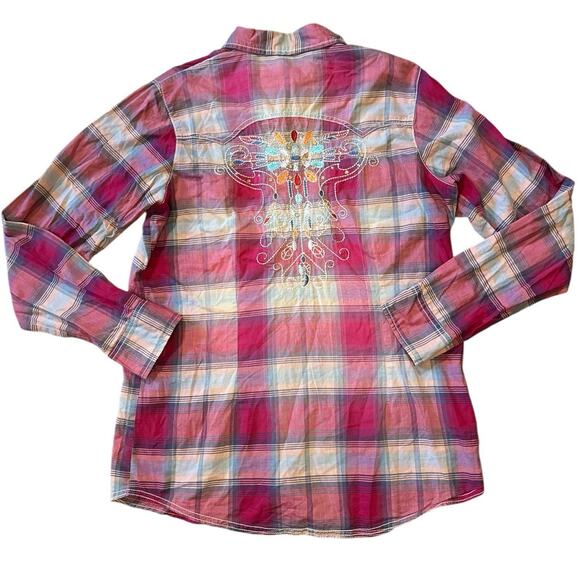 Wrangler Rock 47 Sz L Snap Button Shirt Rhinestone Long Sleeve Plaid Pink Purple - Picture 3 of 5